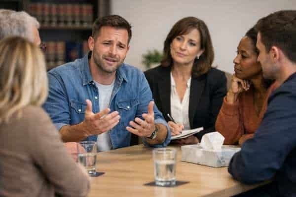 Groep bespreekt onder begeleiding een conflict aan een tafel